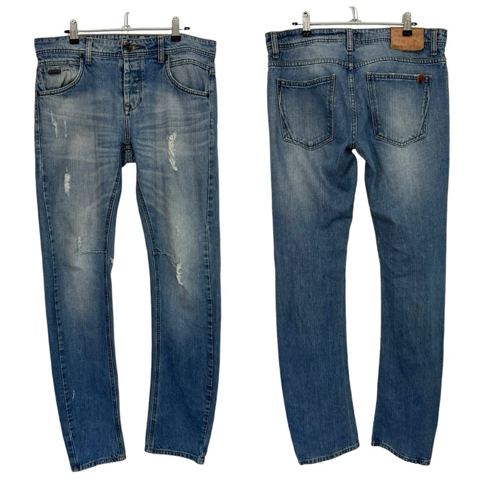 Rifle Slim Straight Leg Jeans Mens 32/35 Medium Wash Denim Distressed Casual GUC